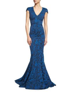 Zac Posen Cap Sleeve Floral Print Gown, Royal Blue