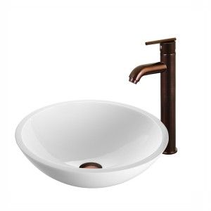VIGO Industries VGT210 Bathroom Sink, Flat Edged White Phoenix Stone Glass Vessel Sink & Faucet Set   Oil Rubbed Bronze