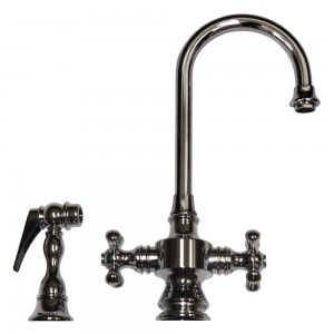 Whitehaus WHKSDCR3 8104 C Vintage III dual handle entertainment/prep faucet with short gooseneck swivel spout, cross handles and solid brass side spray   Polished Chrome