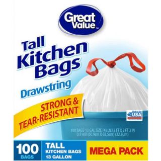 Great Value Tall Kitchen Bags, 13 gal, 100ct