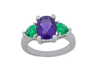 4 Ct Amethyst Oval & Emerald Heart Ring .925 Sterling Silver Rhodium Finish