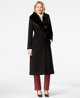 Calvin Klein Faux Fur Trim Belted Maxi Coat