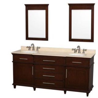 Wyndham Collection Berkeley 72 in. Double Vanity in Dark Chestnut with Marble Vanity Top in Ivory, Oval Sink and 24 in. Mirrors WCV171772DCDIVUNRM24