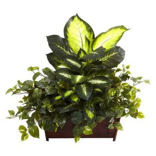 Nearly Natural Golden Dieffenbachia, Philo & Pothos with Wood Planter