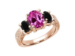3.18 Ct Oval Pink Created Sapphire Black Onyx 14K Rose Gold 3 Stone Ring