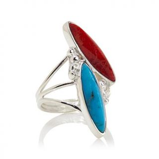 Jay King Red Coral and Blue Basin Turquoise Sterling Silver Marquise Ring   7873762