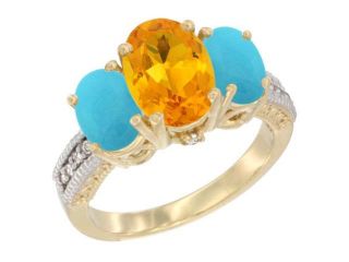 14K Yellow Gold Natural Citrine Ring Ladies 3 Stone 8x6 Oval with Turquoise Sides Diamond Accent, sizes 5   10