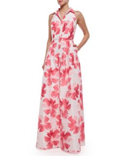 Carmen Marc Valvo Sleeveless Floral Belted Gown, Coral