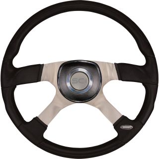 Steering Creations Inc. Trucker 4 Series Steering Wheel — 18in. Dia., Black Polyurethane Rim, Polished Aluminum 4-Spoke, Universal Black/Chrome Pad  Steering Wheels   Installation Kits
