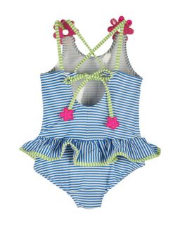 Florence Eiseman Striped One Piece Skirted Swimsuit, Blue/White, Size 2 6X