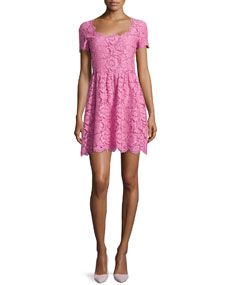 Valentino Lace Square Neck Short Sleeve Dress, Pink