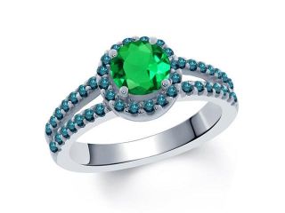 1.27 Ct Round Green Nano Emerald Blue Diamond 18K White Gold Ring 