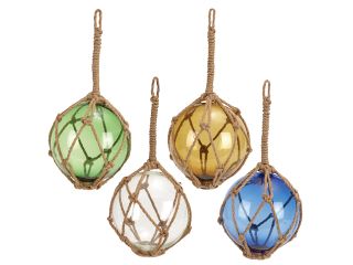 Glass Float With Rope 4 Asst White, Blue, Green And Yellow by Benzara
