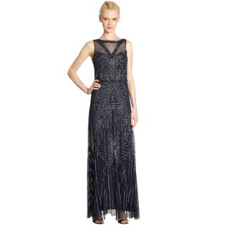 Aidan Mattox Allover Beaded Embroidered Navy Blue Chiffon Gown