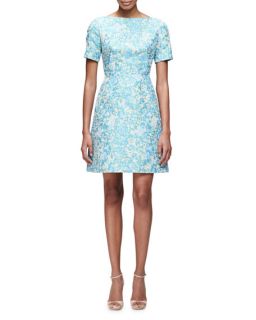 Lela Rose Short Sleeve Floral Print Dress, Blue/Multi
