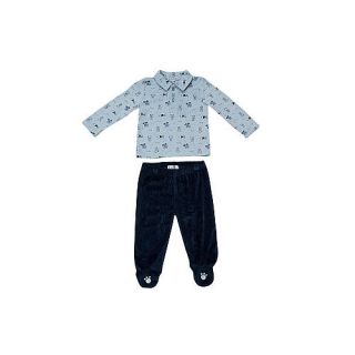 Quiltex Boys 2 Piece Light Blue Puppy/Bone Print Polo Top and Navy Velour Paw Print Embroidered Footed Pant Set    Stargate Apparel