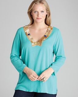 Tbags Los Angeles Plus Three Quarter Sleeve Tunic with Embellished Neckline