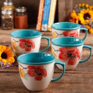 The Pioneer Women Flea Market 16 oz Decorated Coffee Cup, Floral Turquoise, Set of 4