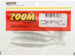 Zoom Soft Plastic Bass Fishing Bait 116 185 Swimmin Super Fluke 9 PK White Ice