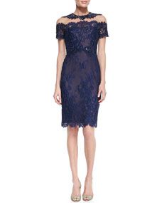 Notte by Marchesa Short Sleeve Illusion Neck Lace Cocktail Dress
