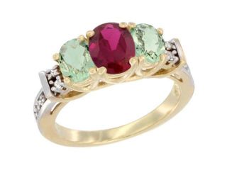 10K Yellow Gold Enhanced Ruby & Natural Green Amethyst Ring 3 Stone Oval Diamond Accent