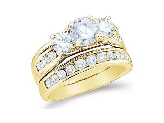14k Yellow Gold Diamond Ladies Engagement Ring Wedding Band Two 2 Ring Set Three 3 Stone Side Stones Large Round Cut Diamond Ring  (2.50 cttw, 3/4 ct Center, G   H Color, SI2 Clarity) 
