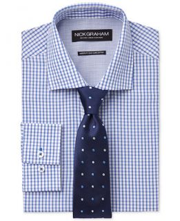 Nick Graham Blue Check Dress Shirt and Navy Multi Color Dot Tie Set