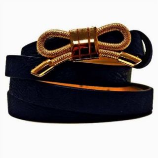 Luxury Divas Navy Blue Skinny Feminine Belt With Gold Bow Knot Buckle
