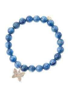 Sydney Evan Kyanite Round Beaded Bracelet with 14k Gold/Diamond Small Butterfly Charm (Made to Order)