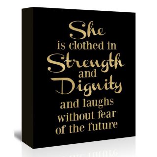 She is Clothed Strength Gold on Black Textual Art on Wrapped Canvas by