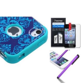 Insten Purple/Blue Damask/Teal TUFF Hybrid Phone Case For iPhone 4 4s+Clear Screen Protector+3.5mm Stylus Pen