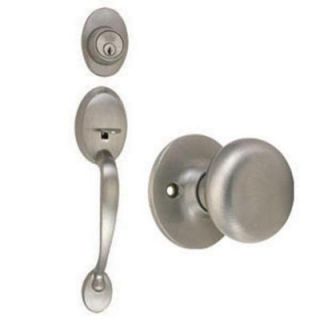 Design House Coventry Satin Nickel Handleset with Single Cylinder Deadbolt, Cambridge Knob Interior and Universal 6 Way Latch 754549