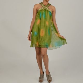 Issue New York Womens Green Silk Beaded Short Evening Dress