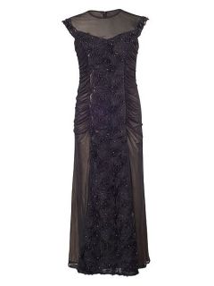 Chesca Black Floral/Beaded Mesh Long Dress Black