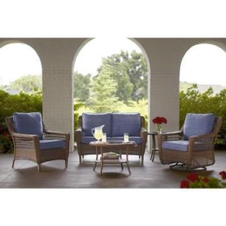 Hampton Bay Spring Haven Brown 5 Piece All Weather Wicker Patio Seating Set with Sky Blue Cushions Ghost SKU Seating Set